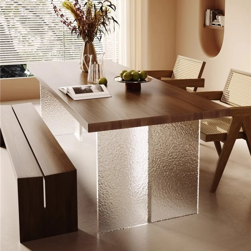 

Medieval acrylic solid wood dining table and chair combination ash wood rectangular suspended large board table household tea