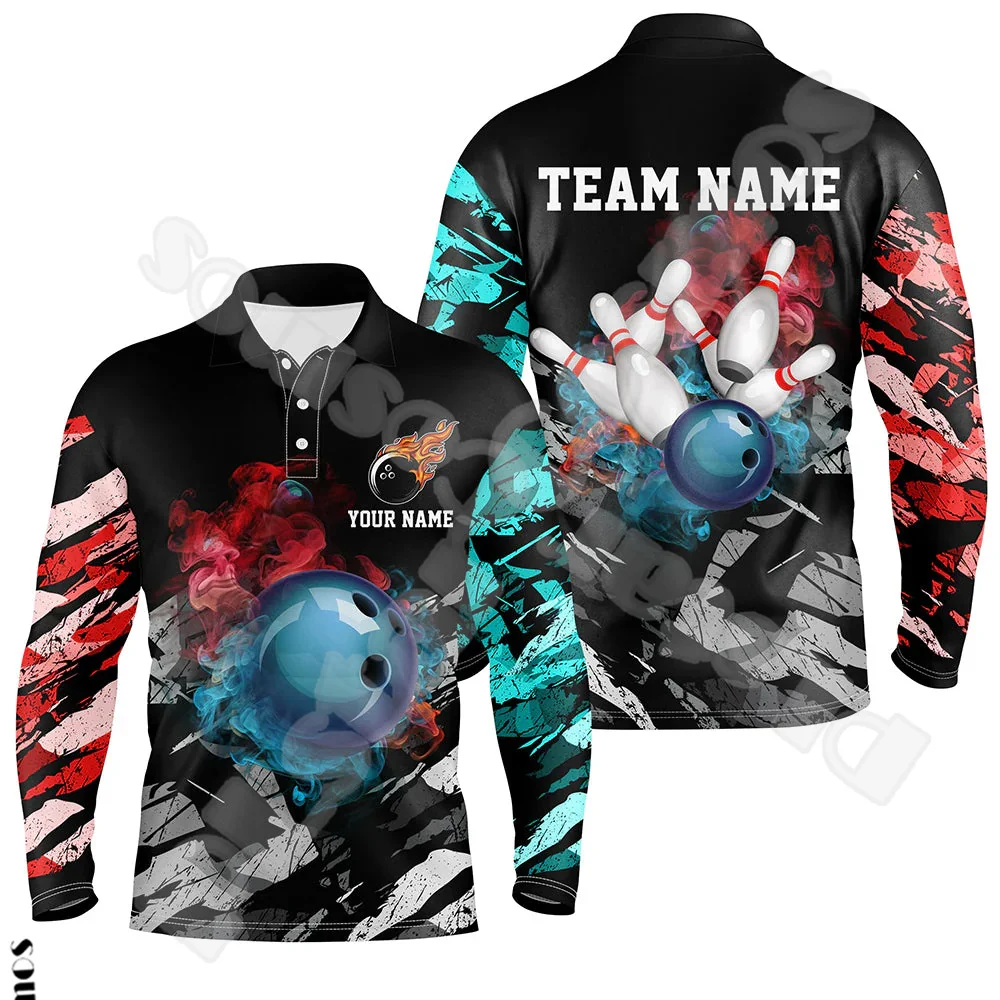 

Custom Name Strike Bowling Player Flame Graffiti Tattoo Retro 3DPrint Harajuku Unisex Long Sleeves Polo Jersey Collar Shirts X7