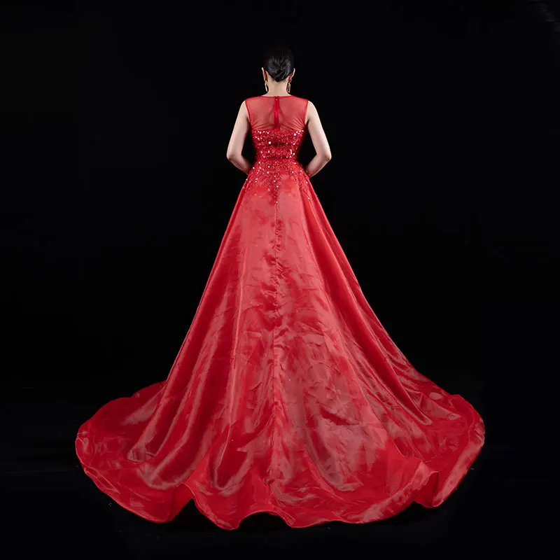 Baisha banchetto abito da sera rosso staccabile Flapping pesante fatto a mano perline moda senza maniche abito da sposa personalizzato Slim Fit H656