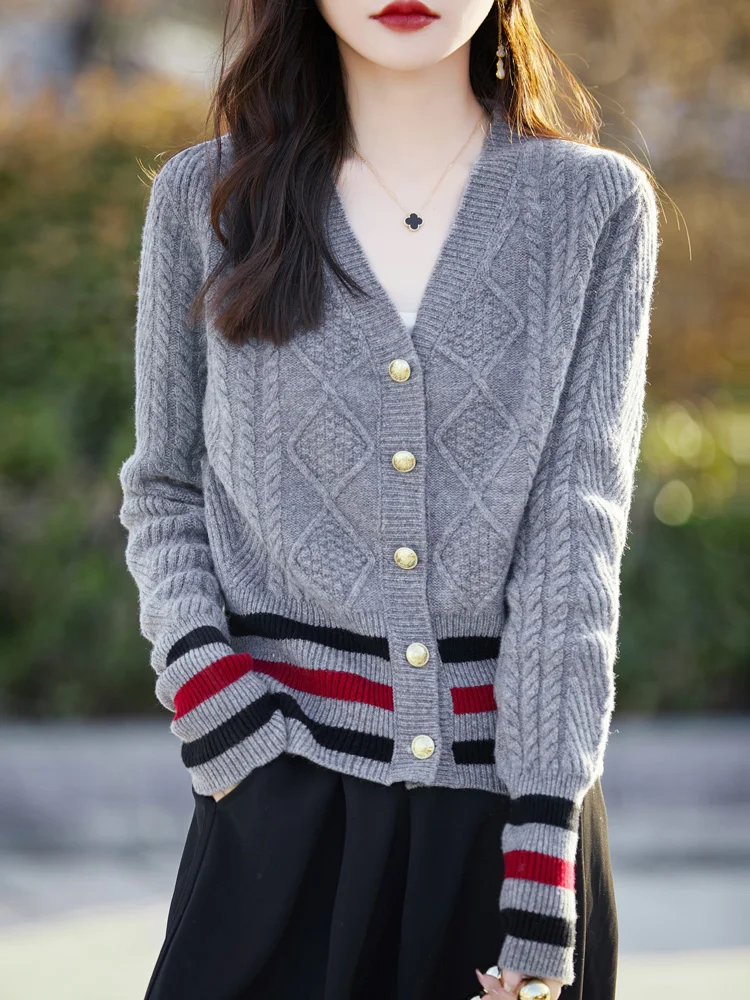 New Chic Twist Flower Women Sweater Long Sleeve V-neck Cardigan 100% Merino Wool Soft Warm Cashmere Knitwear Korean Fashion Tops