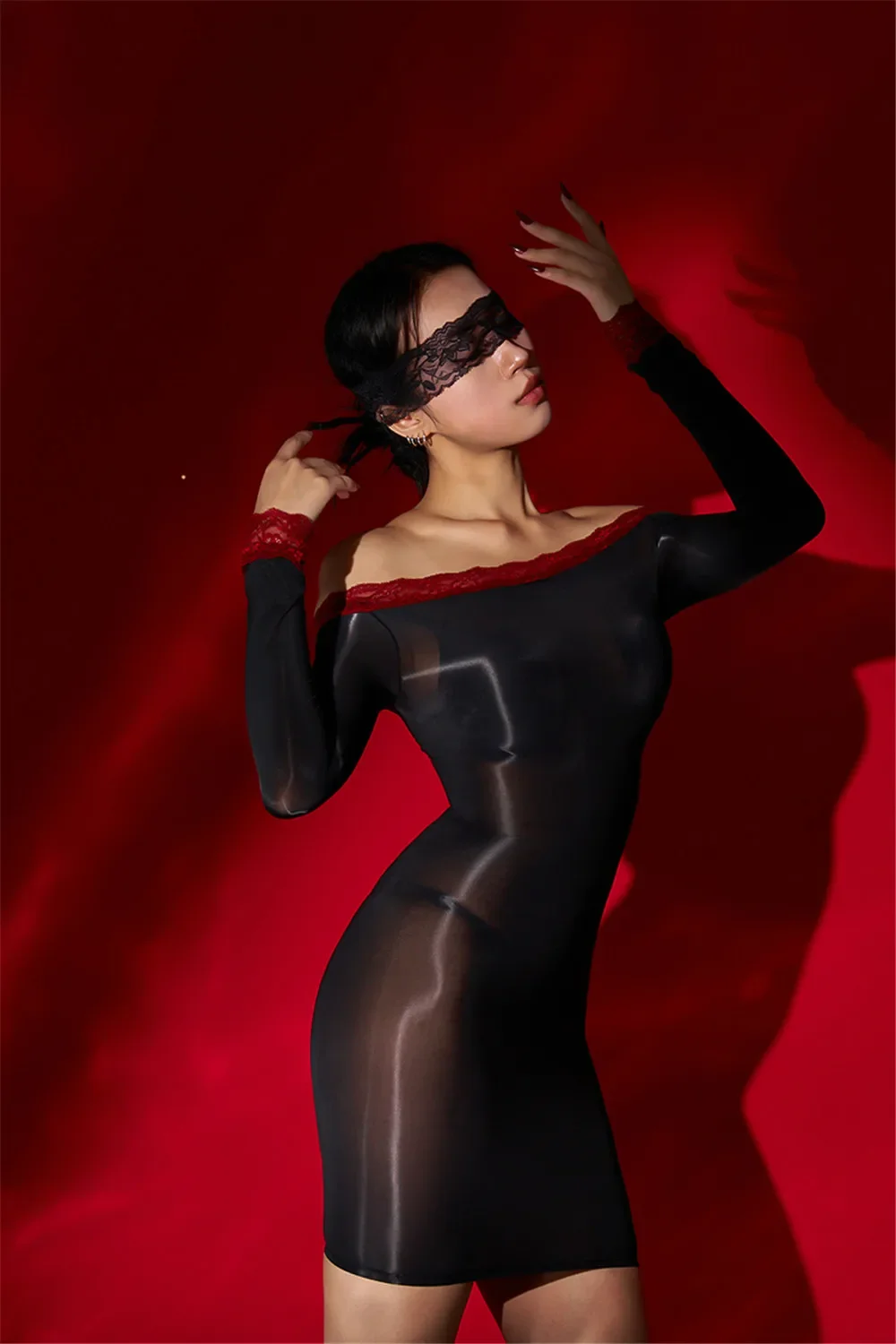 Sexy Slash Neck Damen Bleistift kleider 8d Öl glänzend glatt hochela tisch transparent transparent transparent Mini kleid Wrap Hip Club Outfit Allure