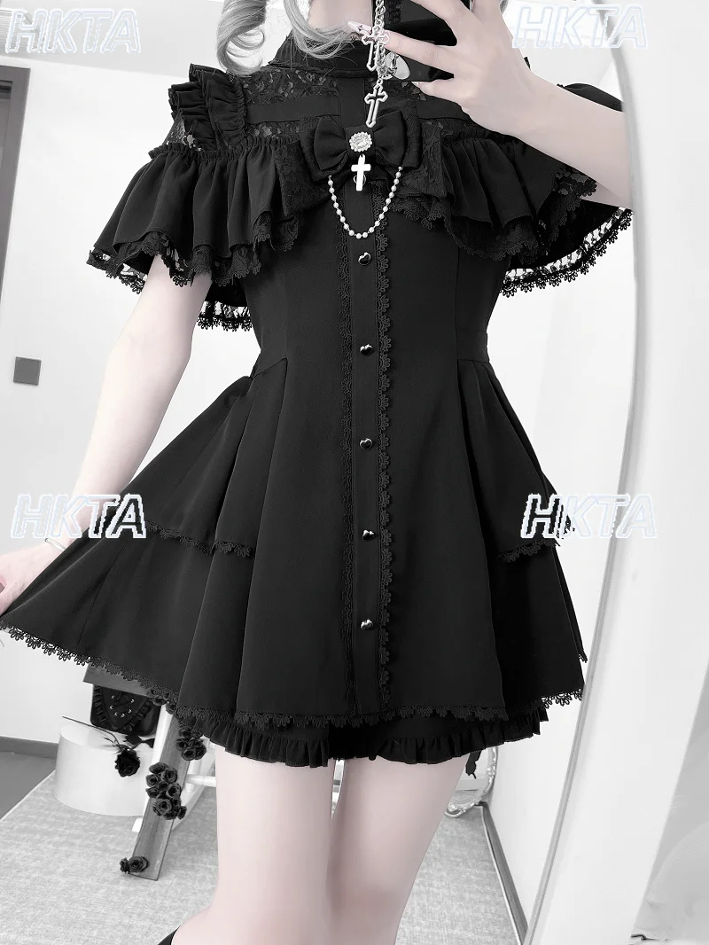 Summer Short Sleeved Lolita Dresses Japanese Sweet Bow Lace Ruffle Pleated Waist Shorts Two Pieces Sets Women