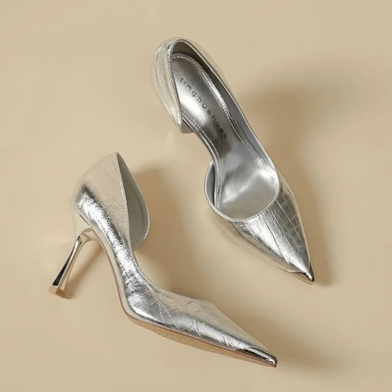 

Silver High Heels Women 2026 New Beautiful Slim Heel Side Empty Single Shoes