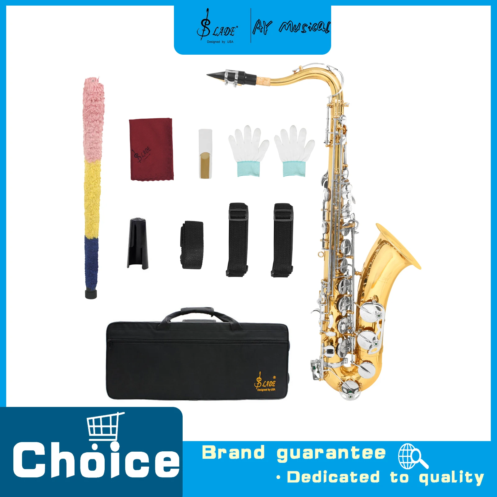 SLADE Bb Tenor Saxophone Engraved Brass Body White Shell Silver Keys Complete Kit Woodwind Instrument for Saxophone Performance