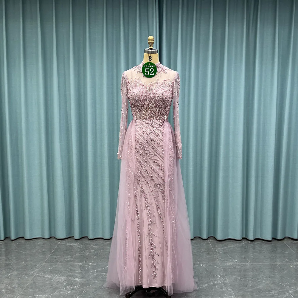 

YQLNNE 052 Скромные розовые вечерние платья с длинными рукавами и высоким воротником, расшитые бисером, вечернее женское вечернее платье со съемным шлейфом