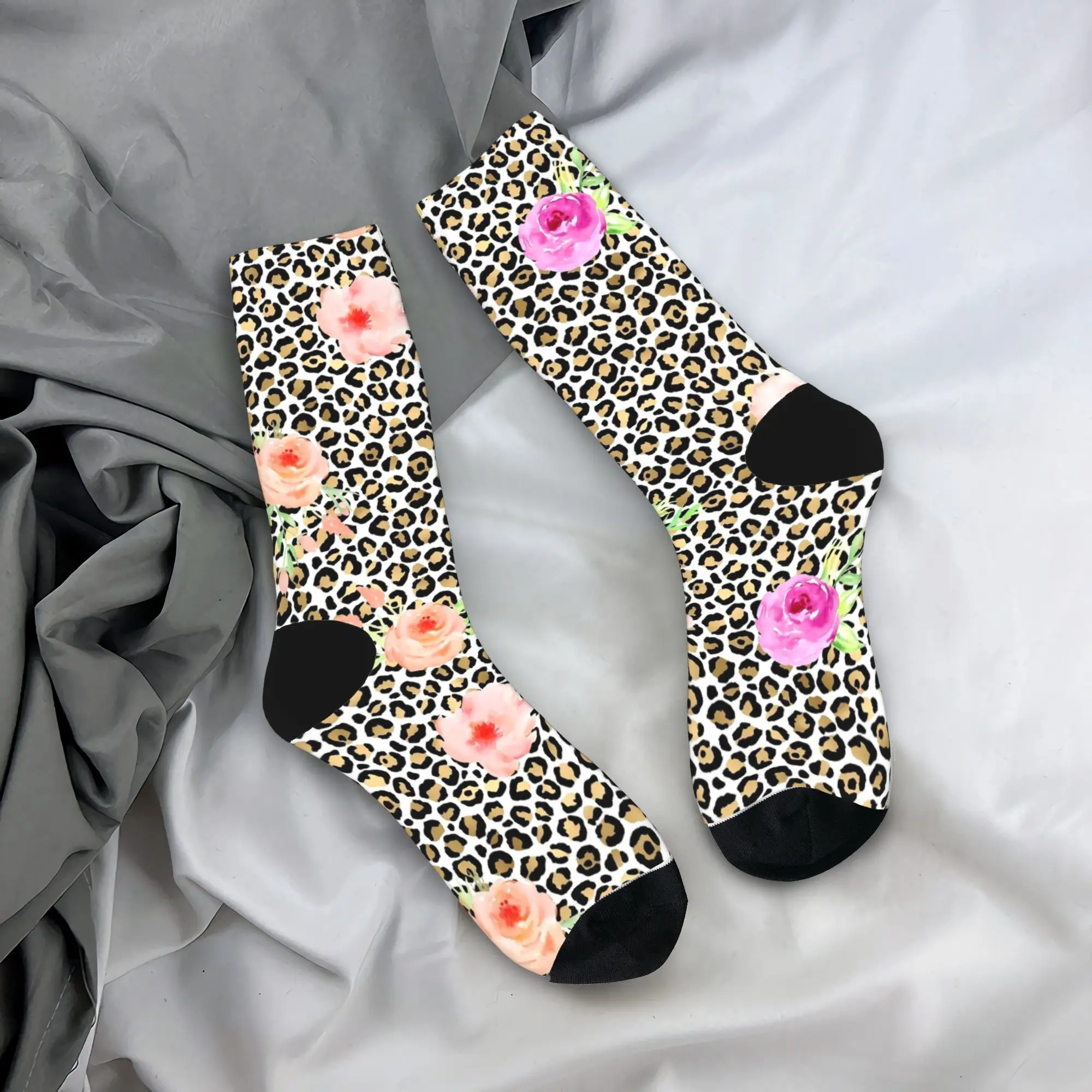 

Gold Leopard Print Pink Peach Floral Socks Elegant Stockings Winter Anti-Slip Men Socks Quality Design Skateboard Socks