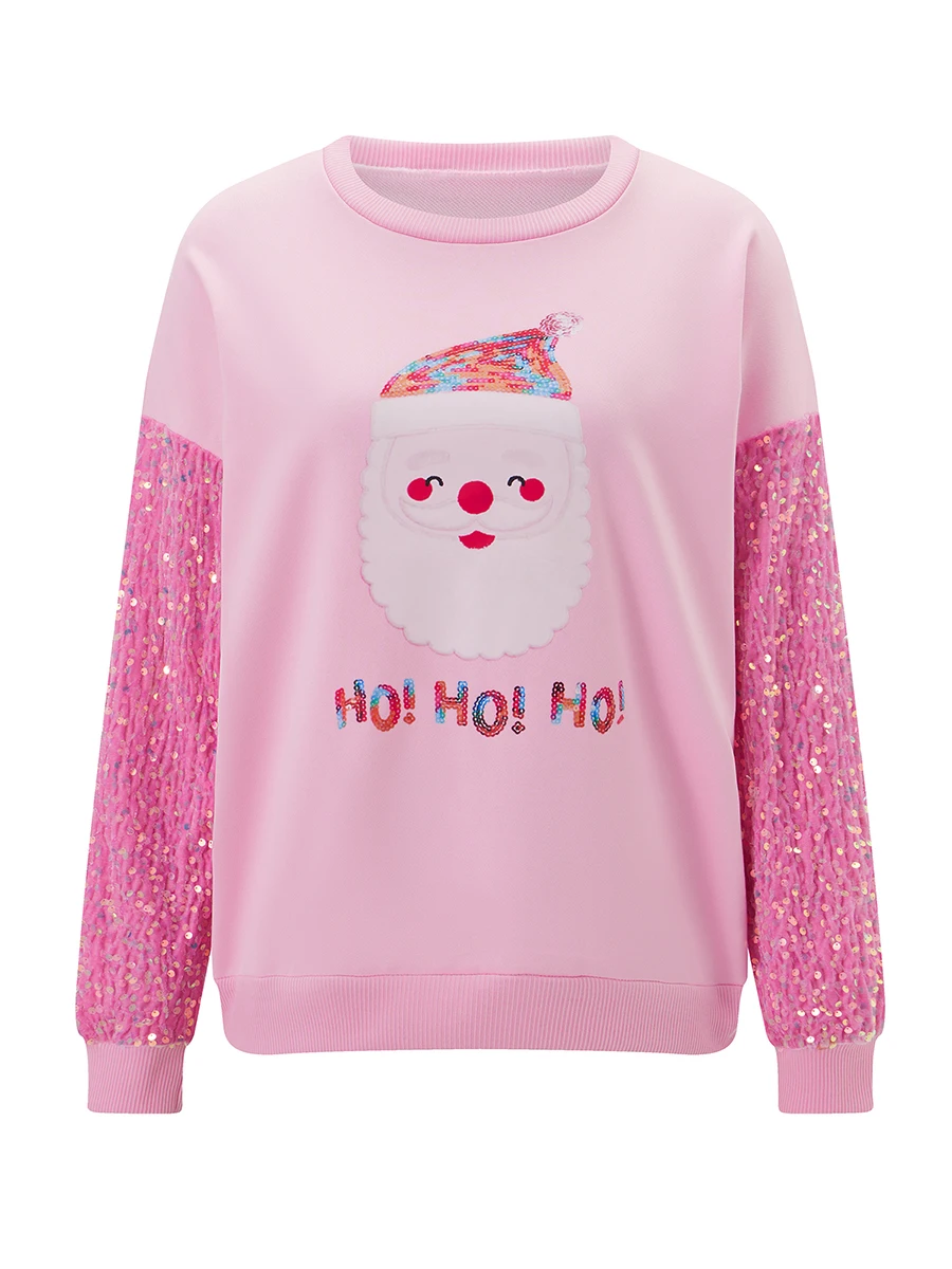 Womens Sequin Christmas Sweatshirt Santa Letter Print Crew Neck Long Sleeve Pullover Tops Casual Streetwear