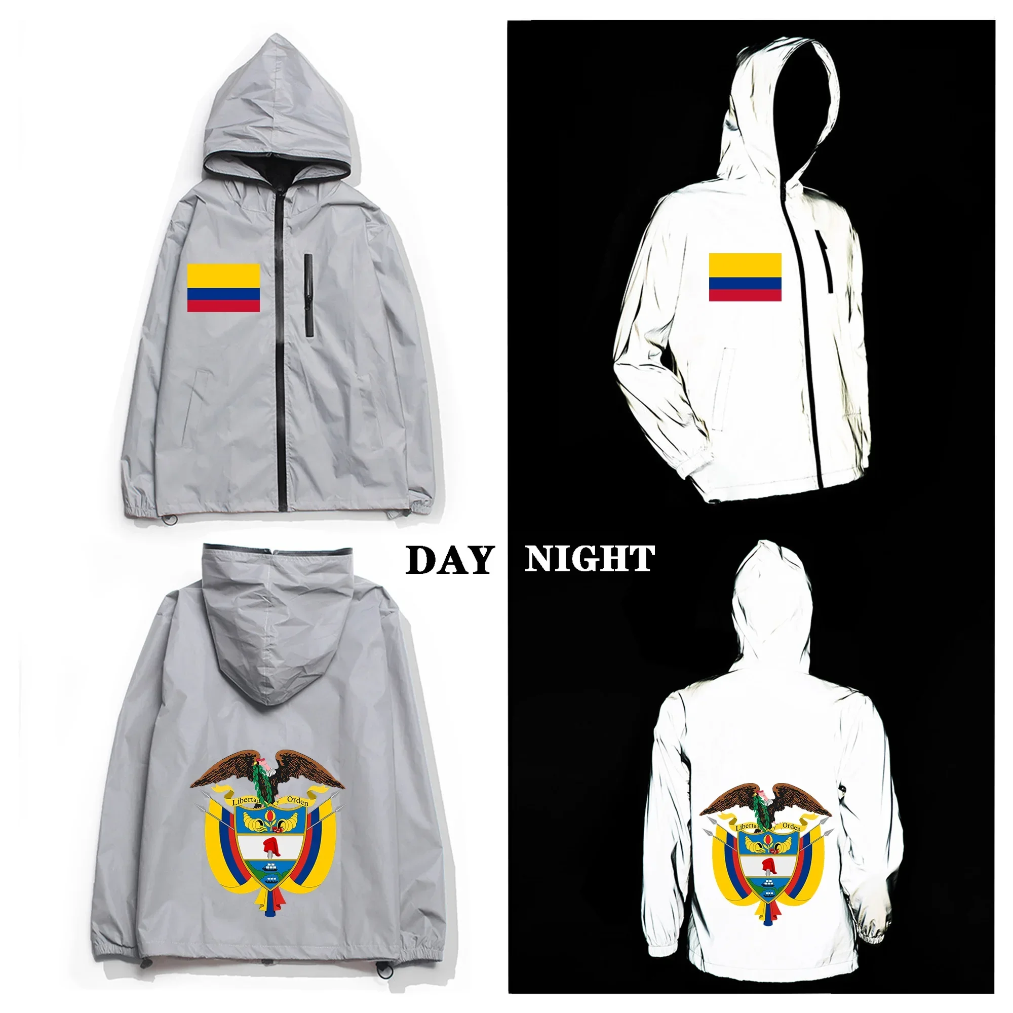 Colombia Flag Reflective Jacket Mens Womens Coat Hooded Windbreaker Run Pocket Jackets Cycling Hiking Zipper Custom Hoodie