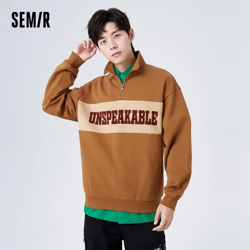 Semir Sweatshirt Men Winter Contrasting Color Stitching Letter Print Commuting Casual Fashion Loose Off-Shoulder Half-Breasted