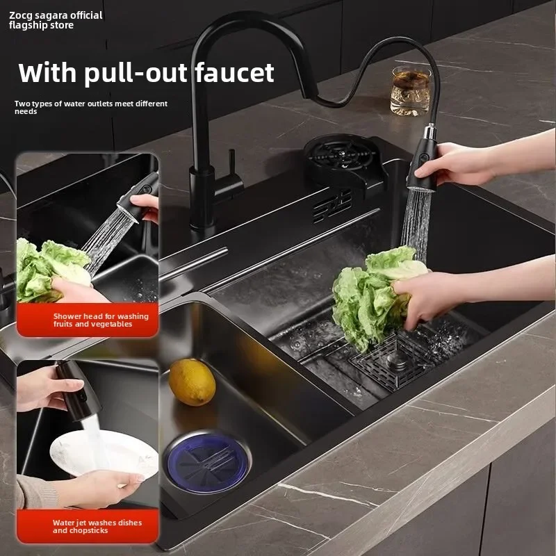 Multifunctional Sink Black 304 Stainless Steel Kitchen Undermount Basin for Dishwashing Washing Vegetables Items Kitchen Sink