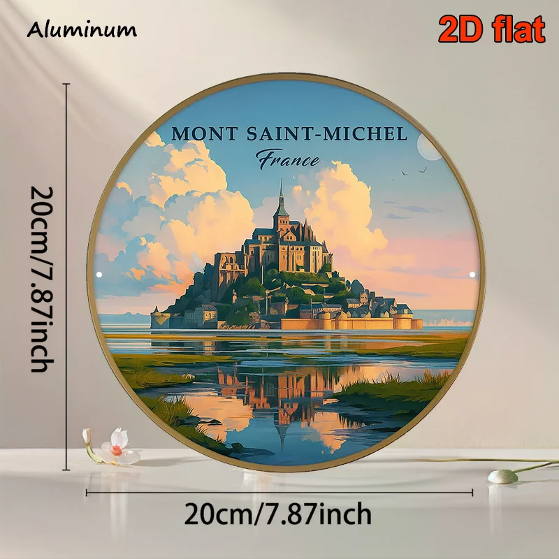 2D Flat, 1pc French Vintage Mont Saint-Michel Sign - 8-Inch Round Aluminum Plaque with Mont Saint-Michel Landmark, French Landsc