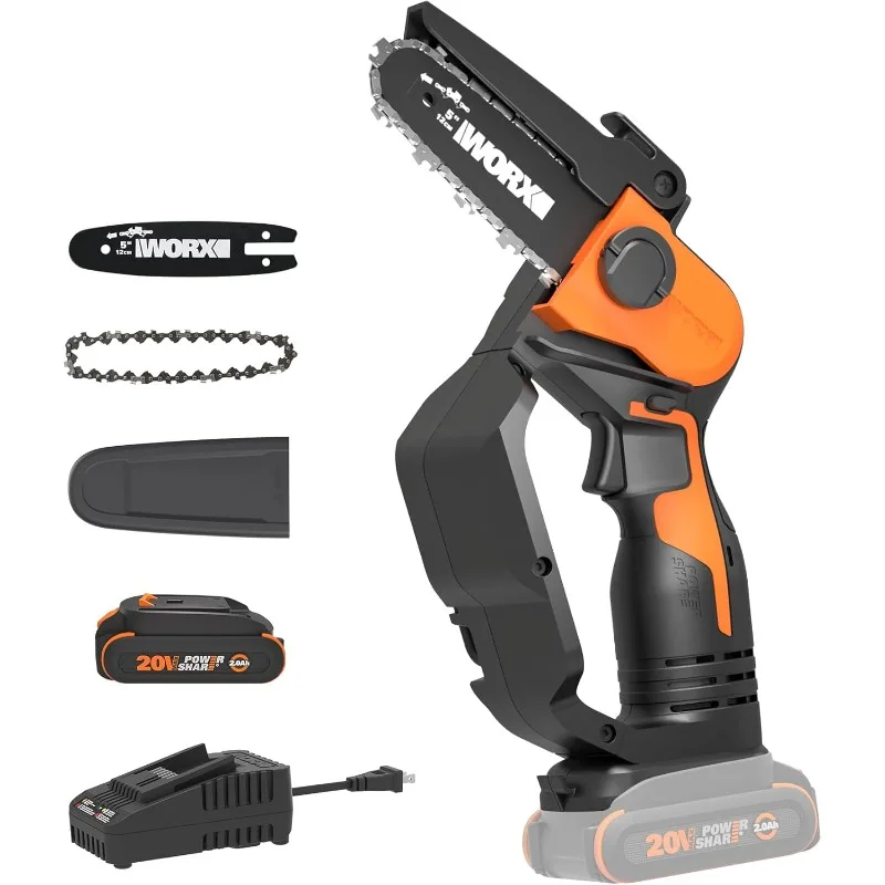 

Мини-акумуляторная бензопила Worx 20 В, 5 дюймов, 3,9 фунта, скорость цепи 22 фута/с, аккумулятор для общего доступа, верхняя и защита рук WG324 — аккумулятор