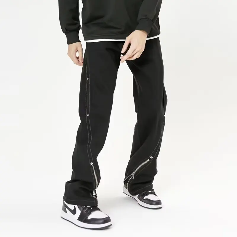

High Street Zipper Design Casual Pants Men's Loose Straight American Workwear Micro Flared Long Trousers Polyester Fiber