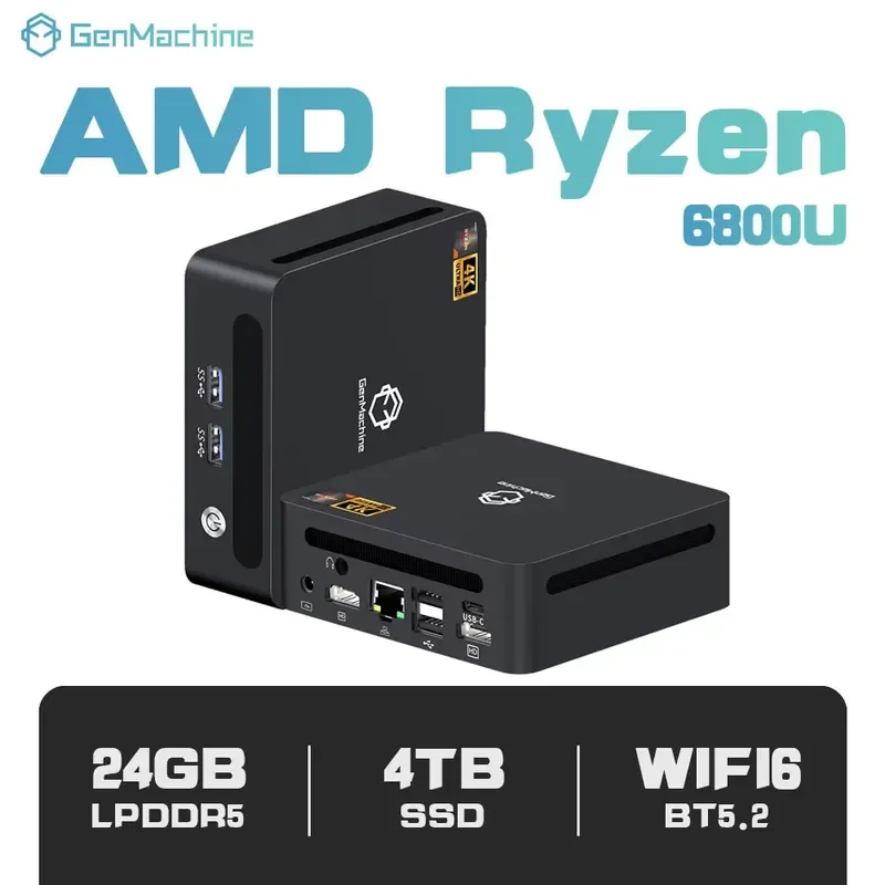 BOLRZO GenMachine Ryzen 7 6800U Mini Computer 8 Cores 16 Threads 2.5G LAN Wifi 6 BT 5.2 2HD 4USB 3.0 USB4 3 Display RAM