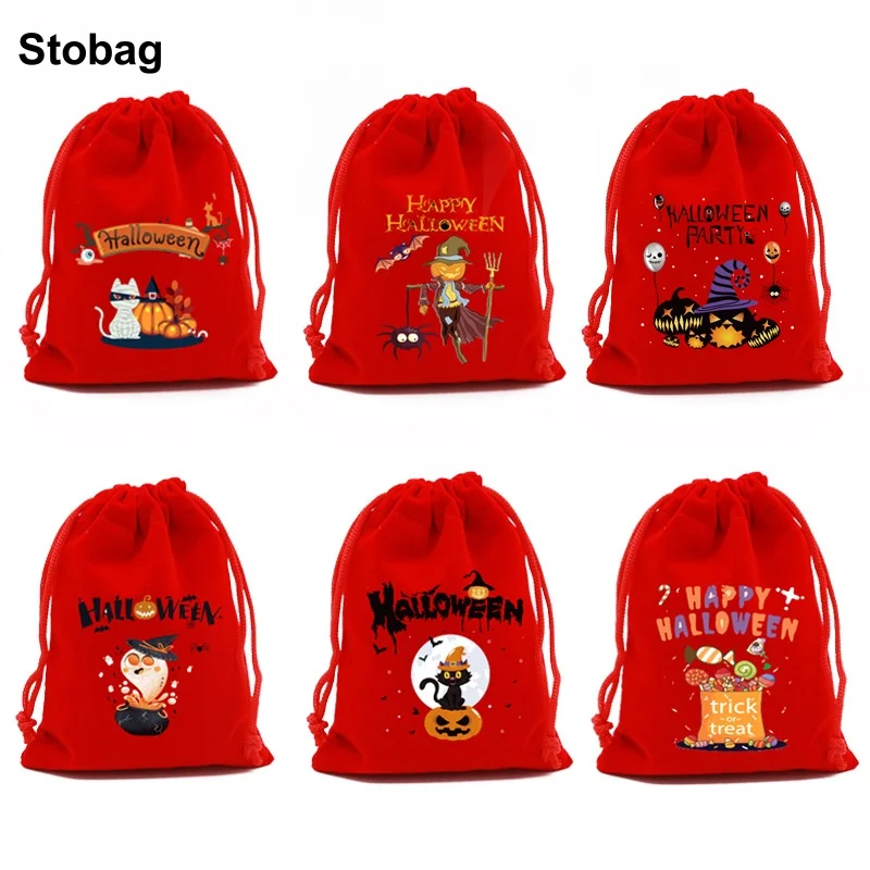 

StoBag 5pcs Happy Halloween Small Velvet Drawstring Bags Candy Gift Storage Packaging Pocket Pouch Trick or Treat Party Favors