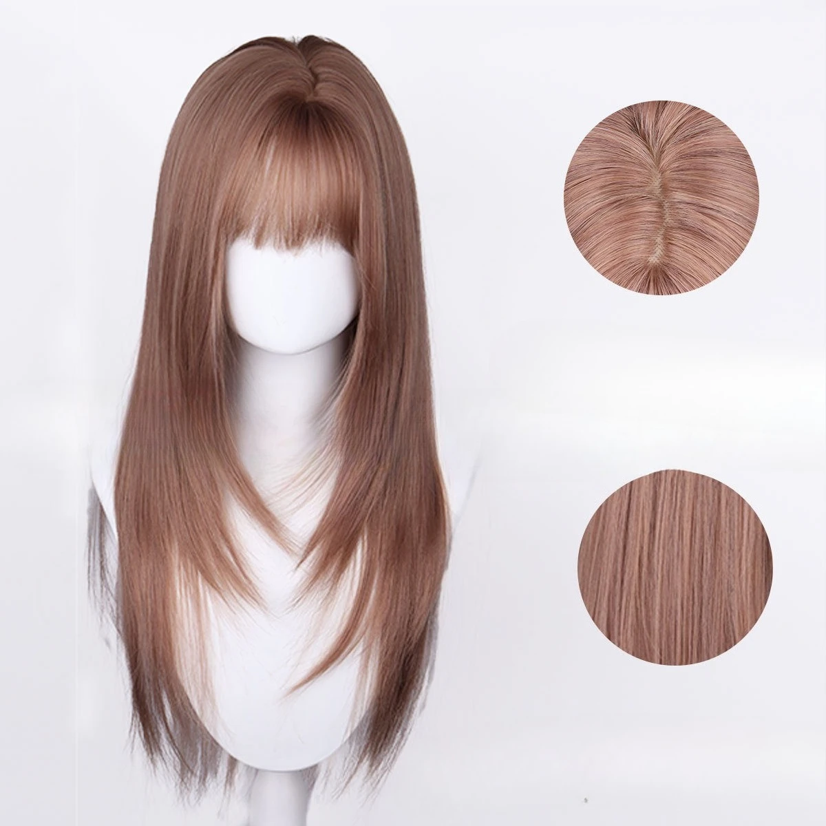

Wig full head cover Qi bangs flax brown long straight hair layered chemical fiber head cover
