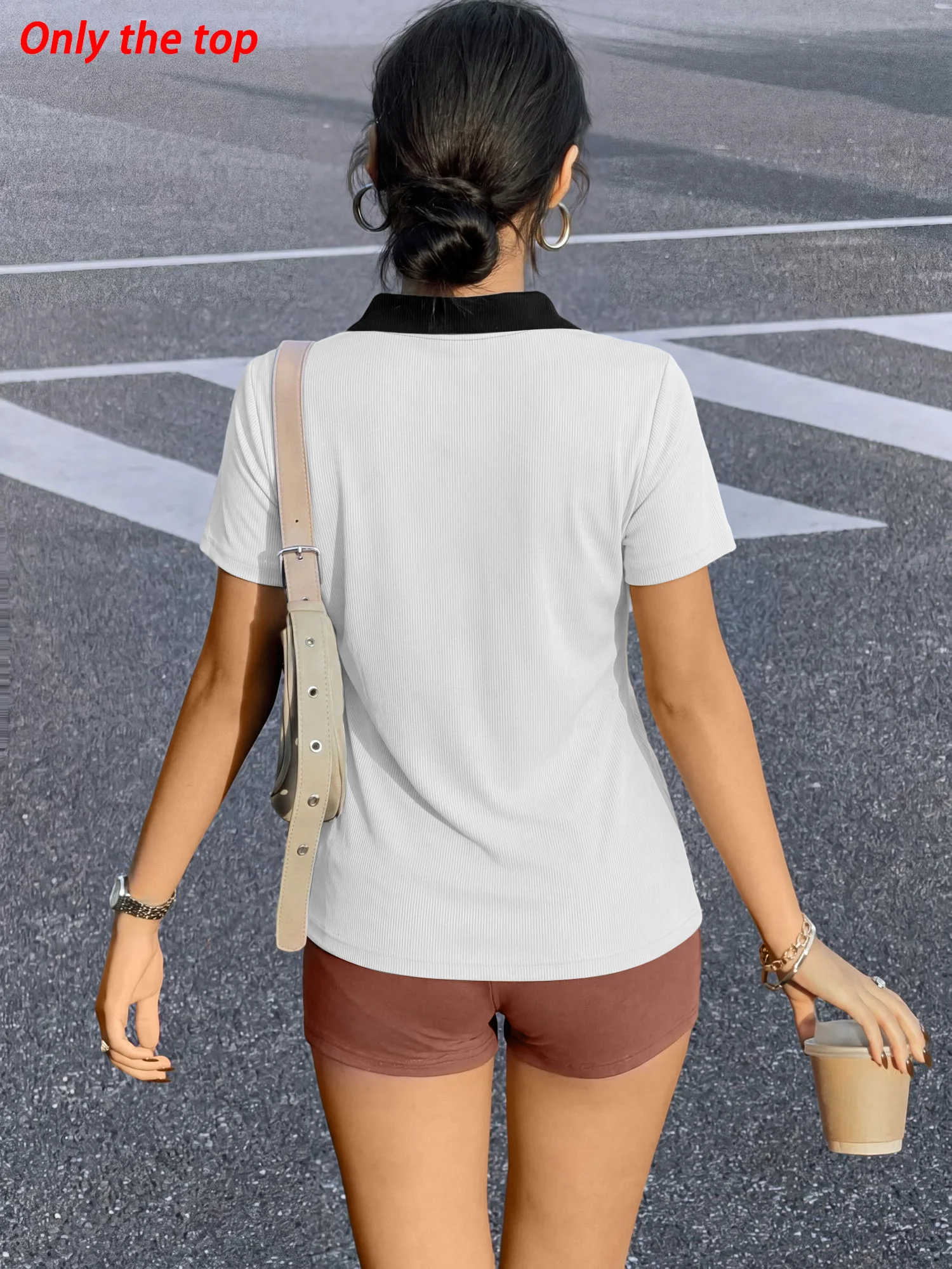 Summer Hot‑Selling Women Casual Top Short Sleeve Ribbed Polo Tee Color Contrast Collar V‑Neck Slim Knit Shirt Trendy Ladies Tees
