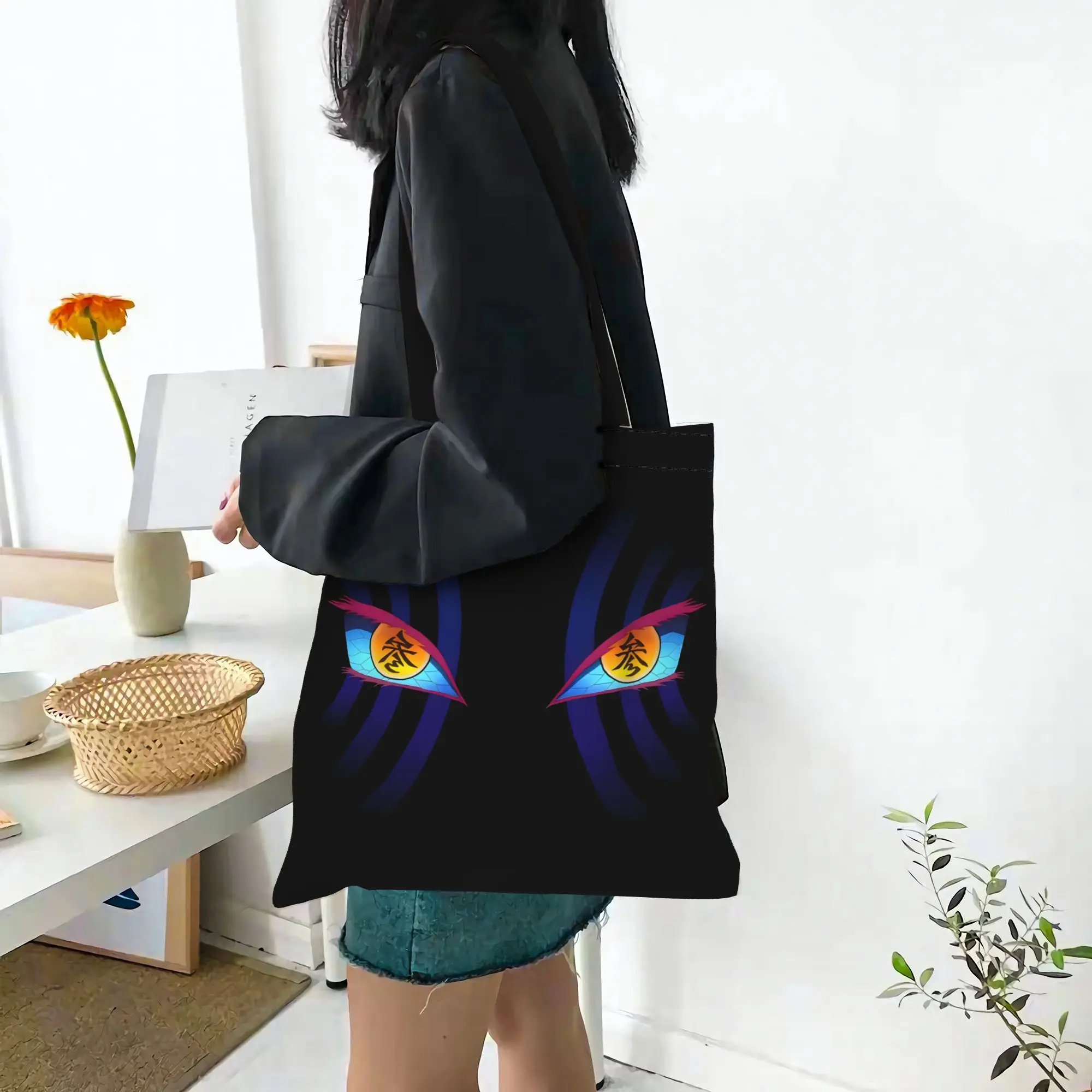 1PC Large Capacity Akaza's Eyes Demon Slayer Canvas Tote Bag Foldable Chic Pattern No Closed Design view 5