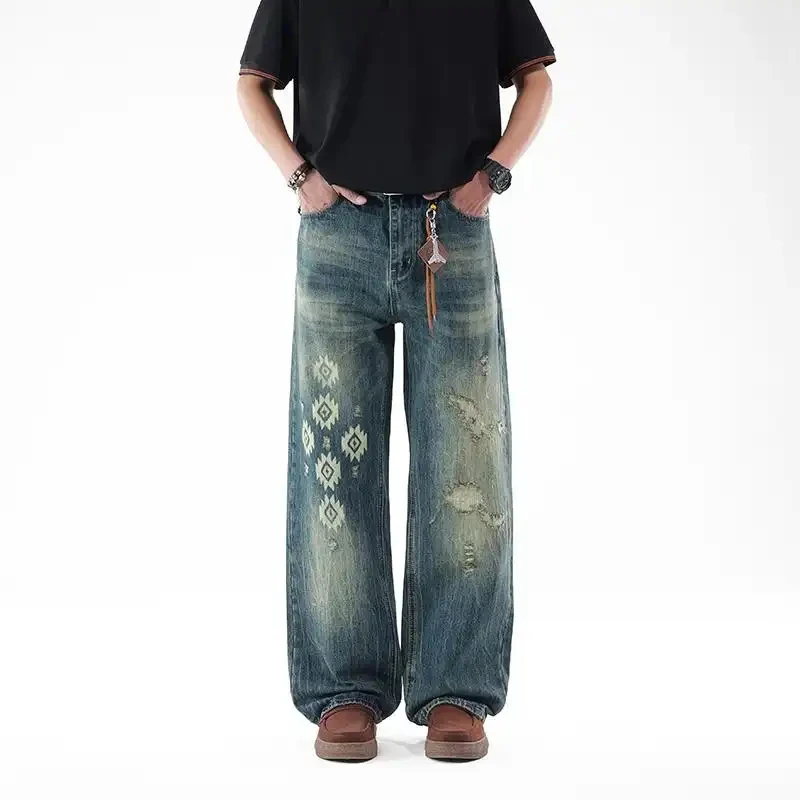 

Men's Casual Patterned Loose Denim Jeans, Retro Ripped and Washed Wide Leg Streetwear Pants, Breathable Cotton Jeans for Daily W