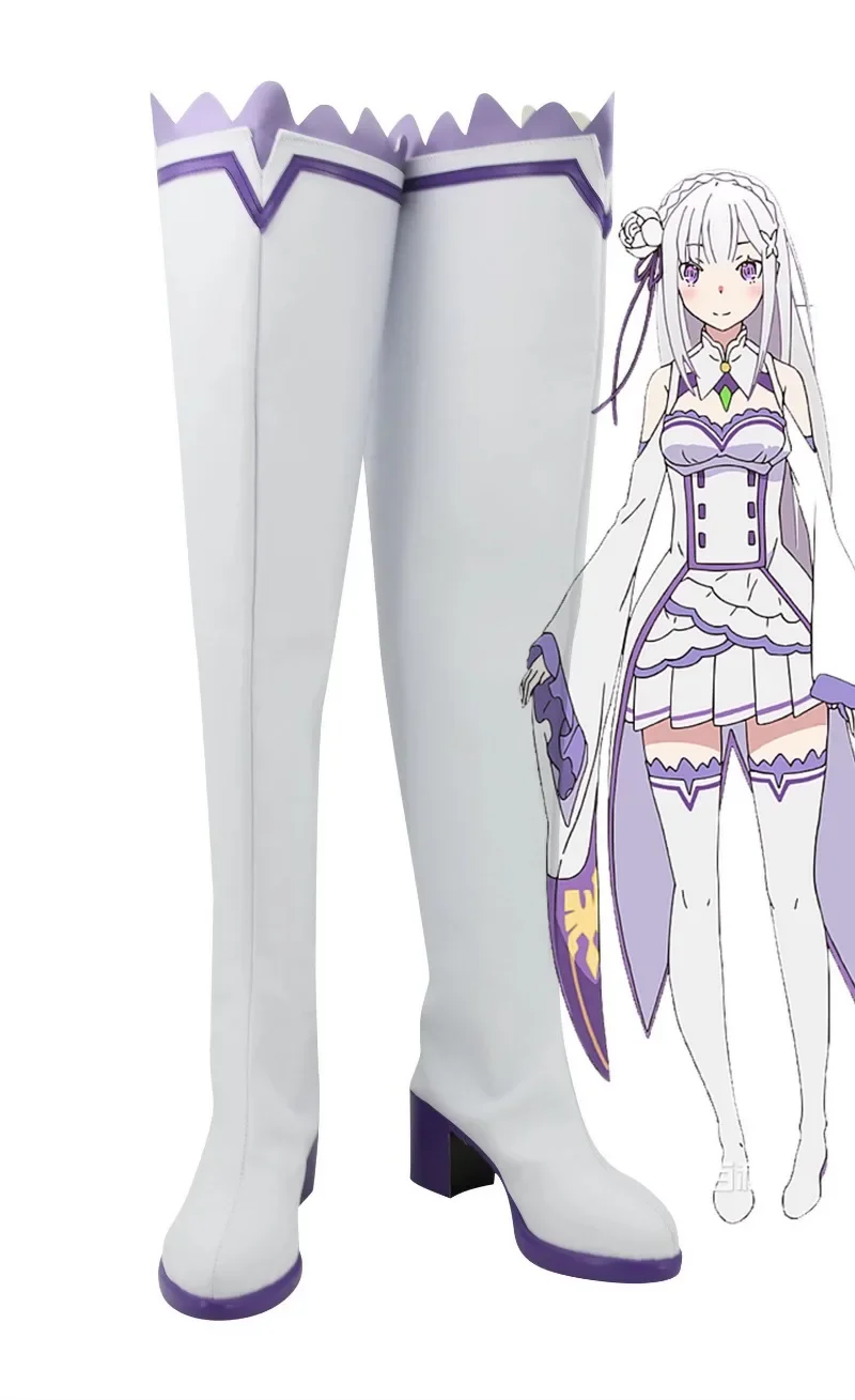 Re Zero Emilia Cosplay Shoes Anime Cos Long Boots Comic Emilia Cosplay Costume Prop Shoes for Con Halloween Party Women Men