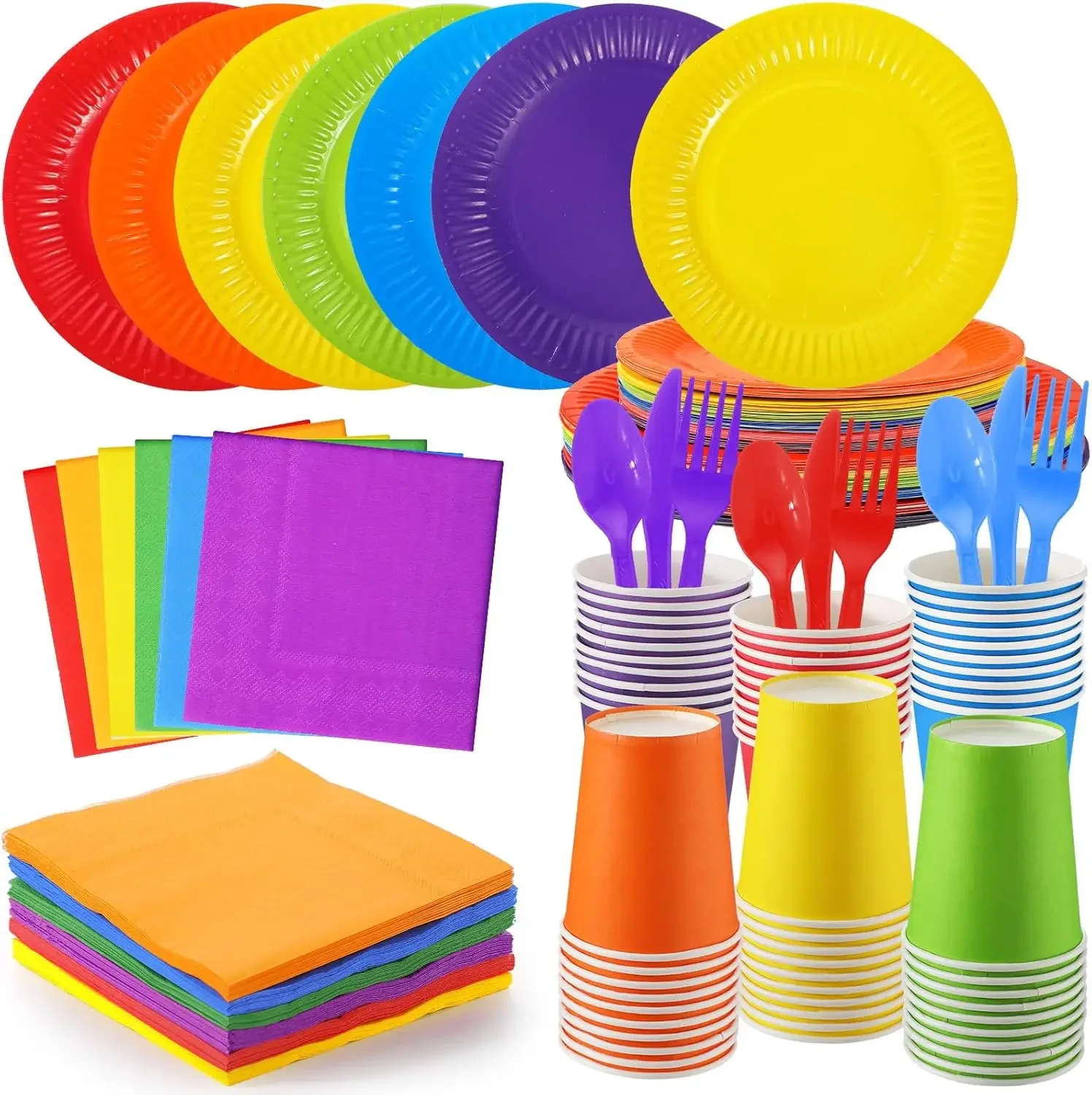 

420 Pieces Rainbow Party Decorations Include 7" and 9" Colorful Paper Plates Colored Napkins Cups Spoons Forks Knives Complete