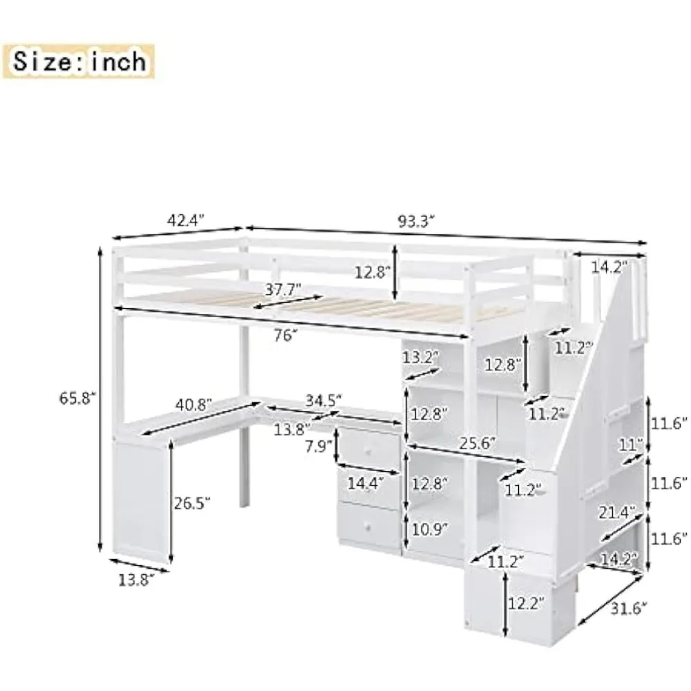 Twin Loft Bed, Stairs and L-Shaped Desk, Solid Wood Loft Bed Frame with Bookcase and Storage Drawers, Loft Bed Children Beds