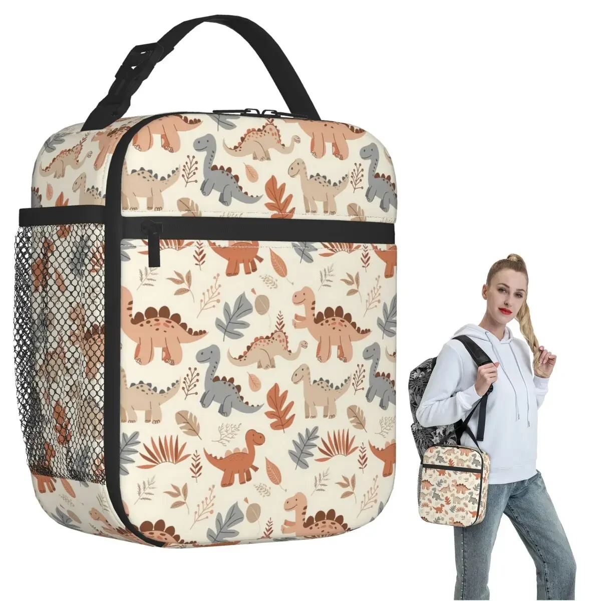 Cartoon Light Color Dinosaur Pattern Insulated Lunch Bag for Women Kids Portable Food Boxes Thermal Lunch Box Tote