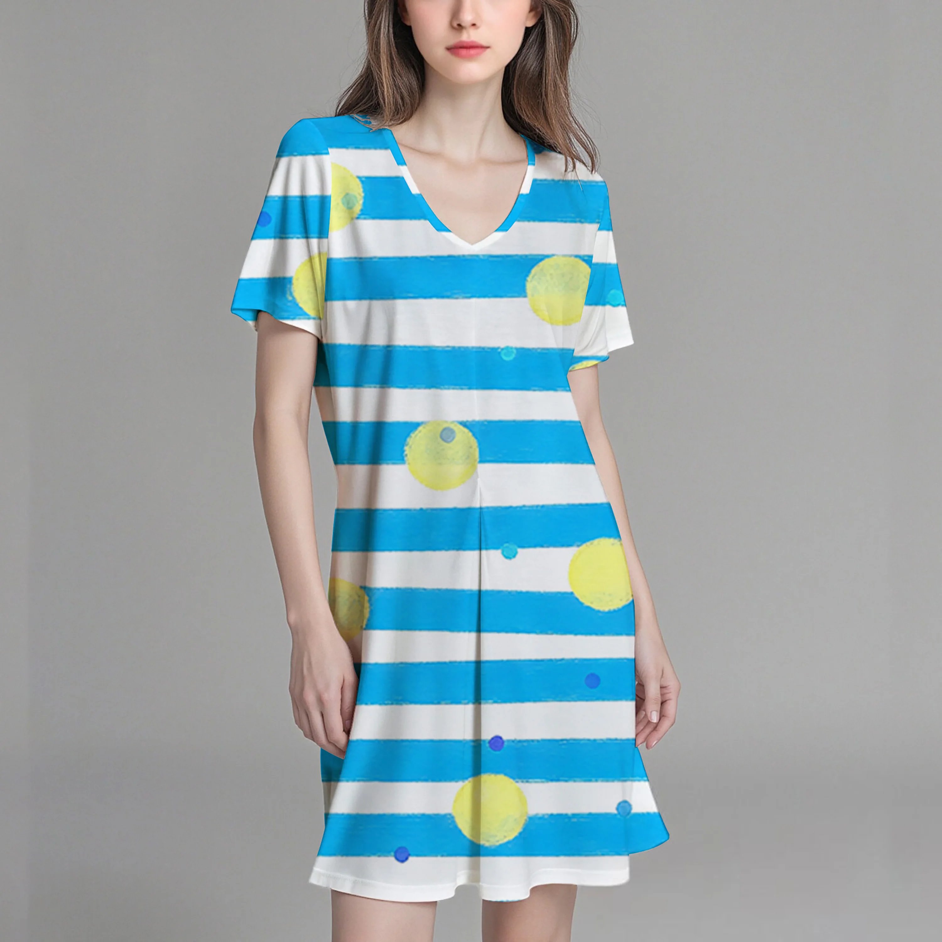 Nieuwe damesjurk/T-shirt met V-hals en korte mouwen met gestreept patroon, licht rekbare stof, casual en comfortabel