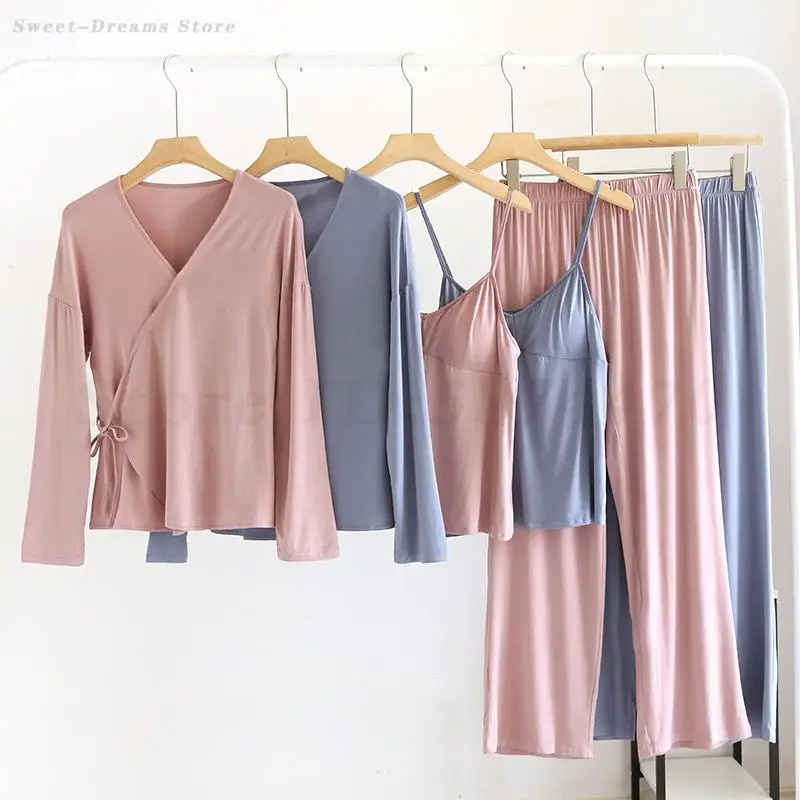 

Весенне-осенний модальный пижамный костюм, сексуальные кардиганы на бретельках, брюки, комплект из трех предметов, одежда для сна, свободная повседневная домашняя одежда, мягкая одежда для отдыха