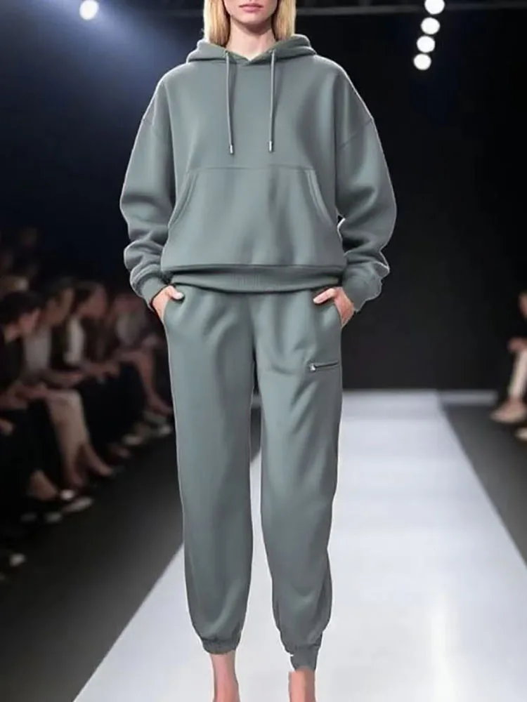 

Autumn Long Sleeved Hoodie with Pants Outfit Fashion Pocket Loose Two Piece Set Casual Women's Clothing Solid Color Sports Suit