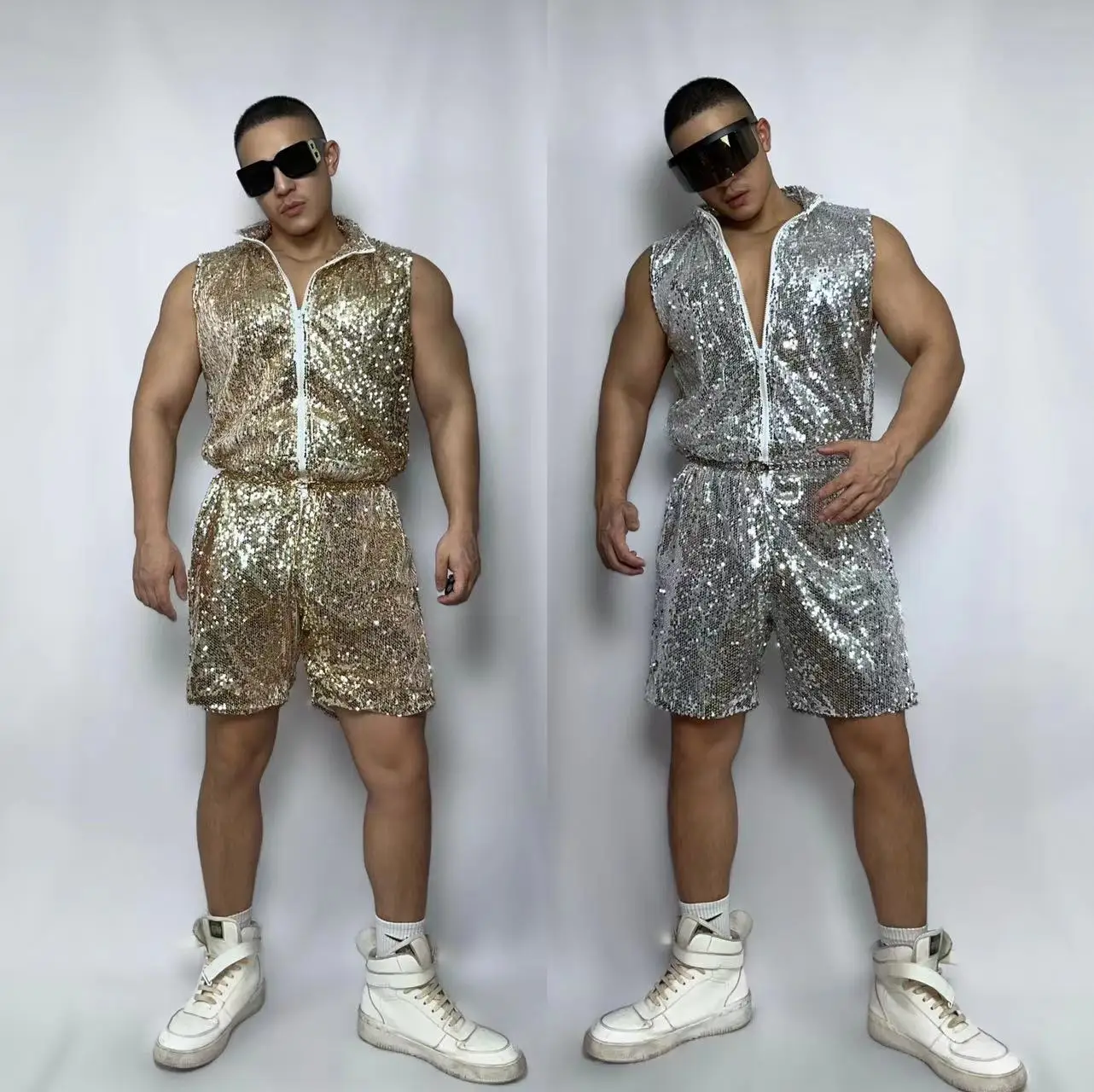 ชาย Hip Hop Street Dance เครื่องแต่งกาย Glitter Sequins Overalls Sleeveless Jumpsuit ชายนักร้องนักเต้นบาร์แสดงเงาเวทีสวมใส่