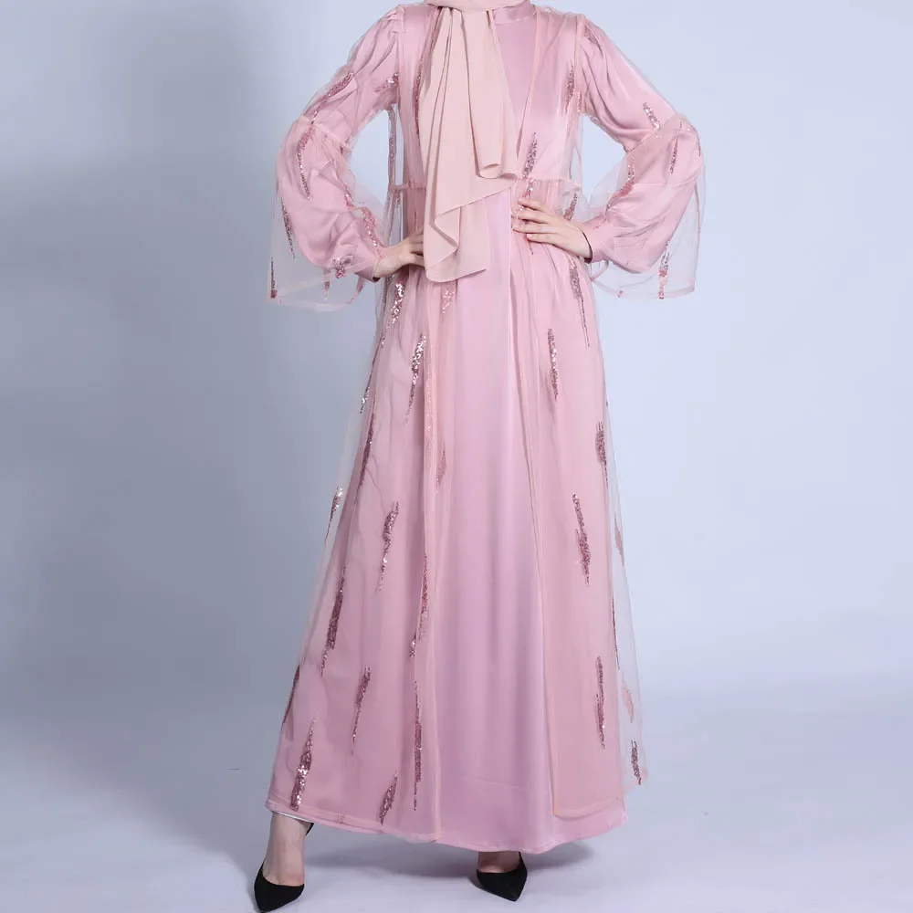 Fashion Flared Sleeves Lace-up Dress Women Muslim Dress Casual Sequin Lace Cardigan Maxi Dress Female Solid National Costume