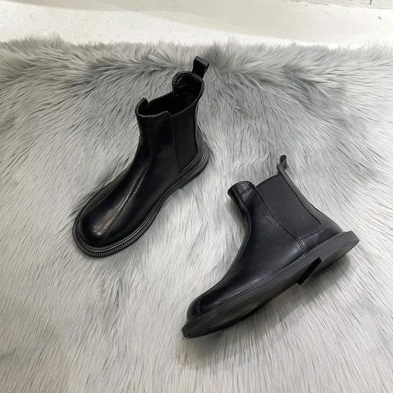 Soft Leather Short Boot for Women 2022 Winter New Chelsea Chimney Boot Temperament Women Boot Flat Casual Bare Boot Boots Femmes