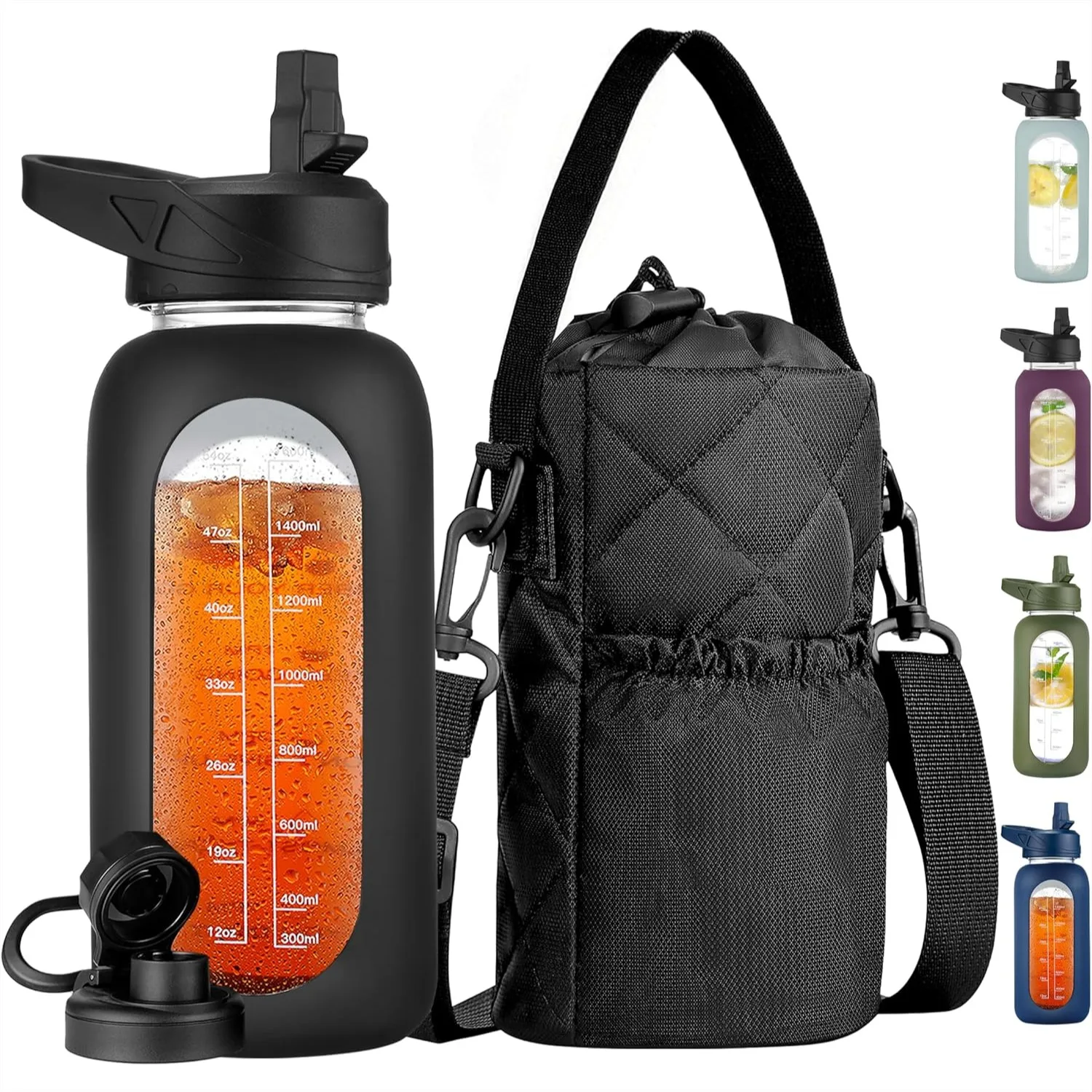 

32 oz Glass Water Bottle with Straw, Insulated Holder Sling, Motivational Time Marker, Silicone Sleeve, 2 Lids, Black