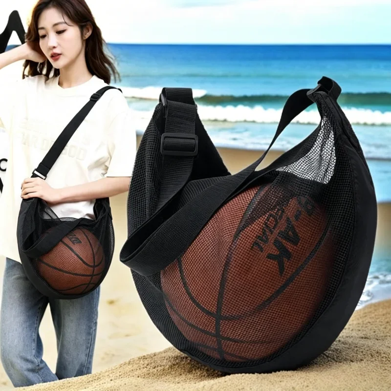 Reißfeste Netz-Balltasche für Einzelbälle, passend für Basketball, Fußball, Volleyball, Umhängetasche mit verstellbarem Riemen und Reißverschlussfach – Detail 4