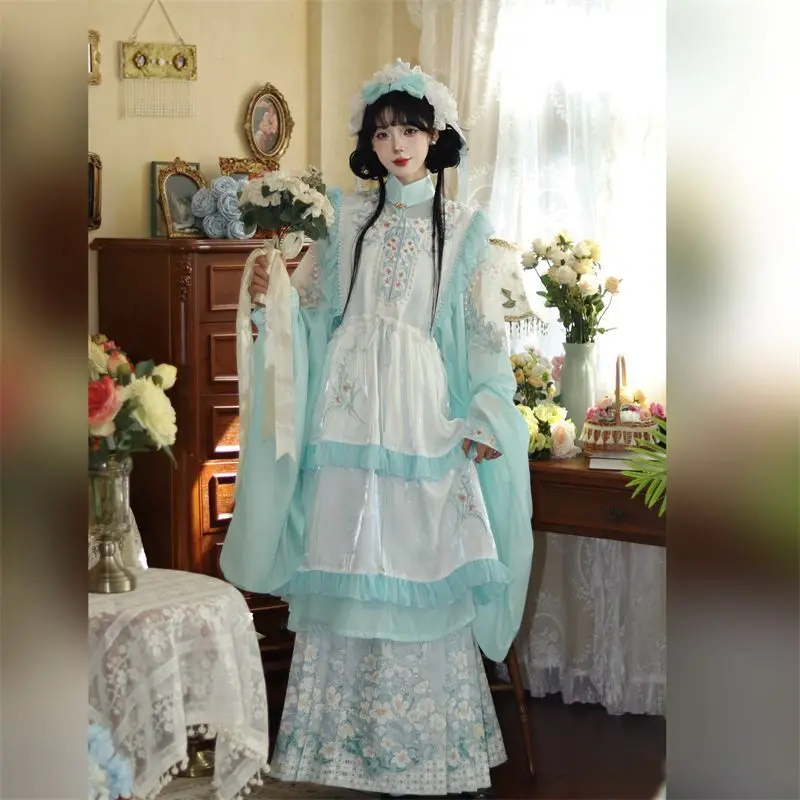 The Bloof-Vêtements Hanfu Modernes, Haut Long, Jupe Visage de Cheval, Surjupe Lolita, Violet, Bleu, Ensemble Mignon, Tempérament Élégant