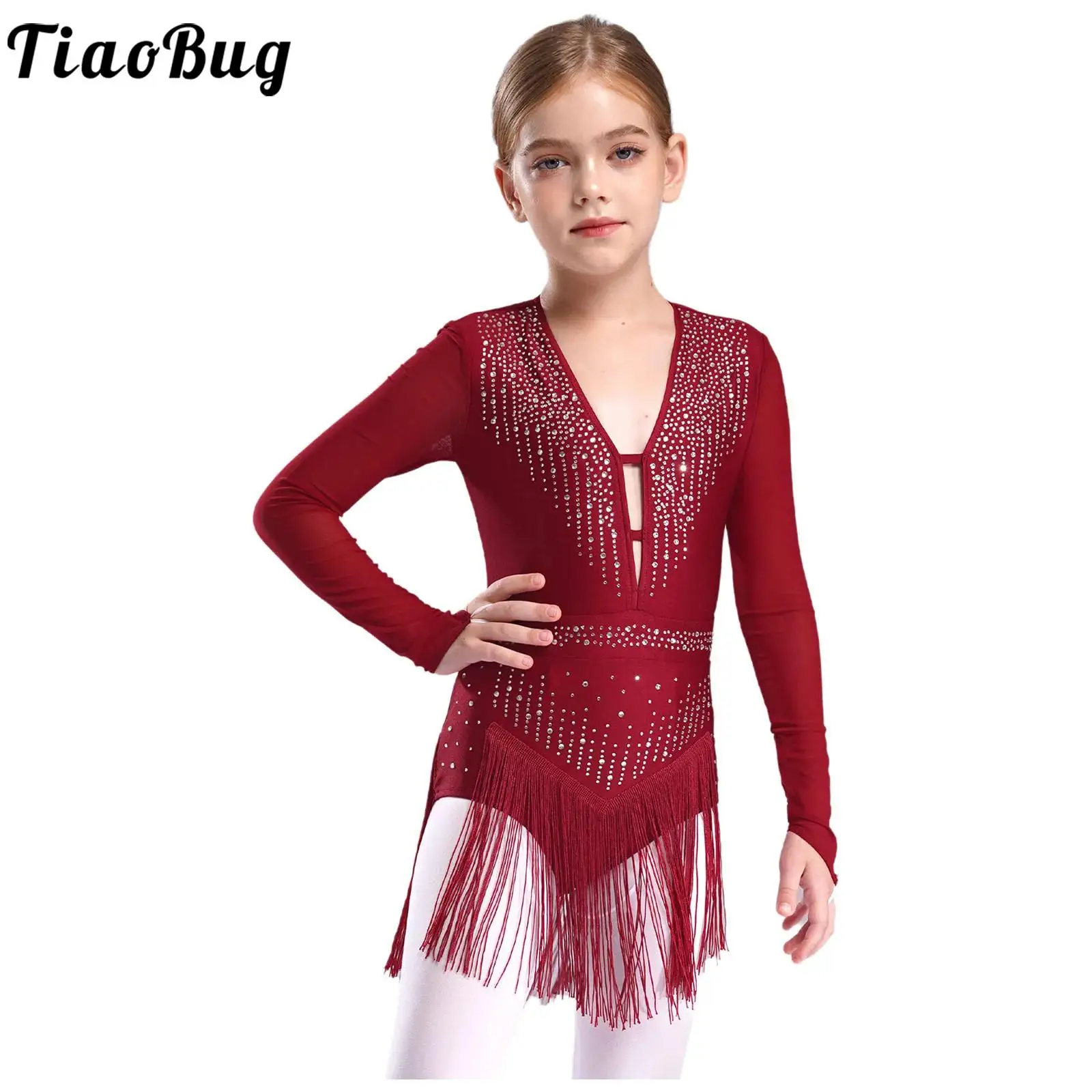 Kids Girls Rhinestones Latin Dance Figure Skating Costume V Neck Long Sleeve Fringe Leotard Cha-Cha Tango Ballroom Dancewear