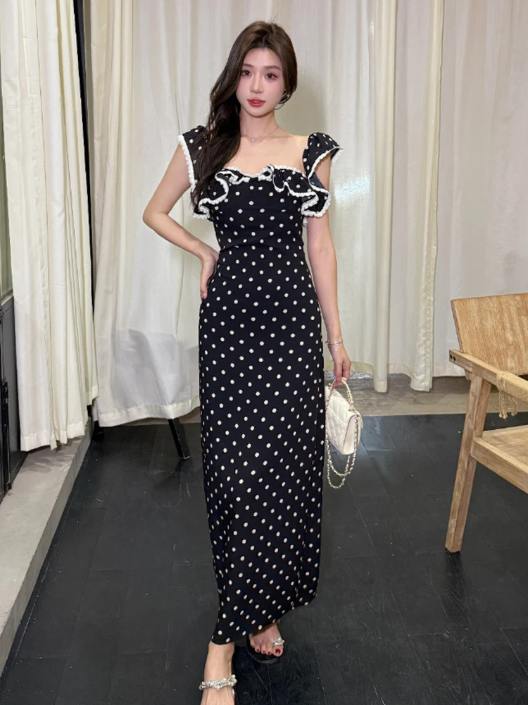 Frauen Kleidung Retro Dot Print Sexy Sling Square Neck Schlank Maxi Lange Kleid Elegante Dame Mode Party Prom Vestidos Robe Koreanische