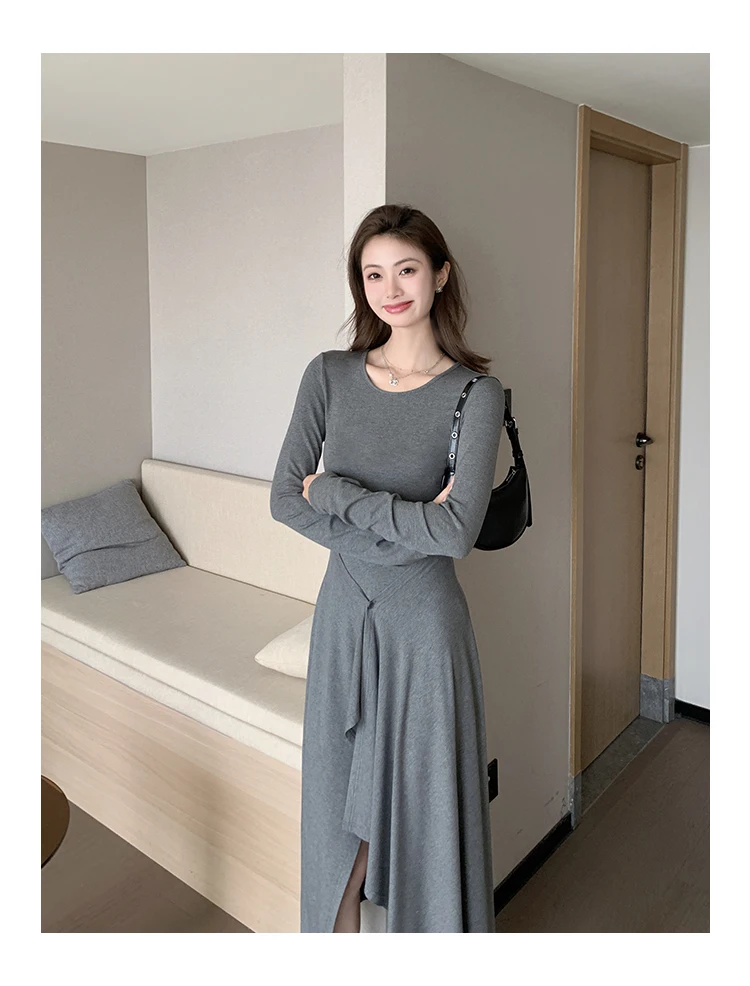 Dresses Long Sleeved Womens Dress Gala Winter Woolen Checked Ribbed Patchwork Stand Neck Vintage Double-sided Panelled Elegant