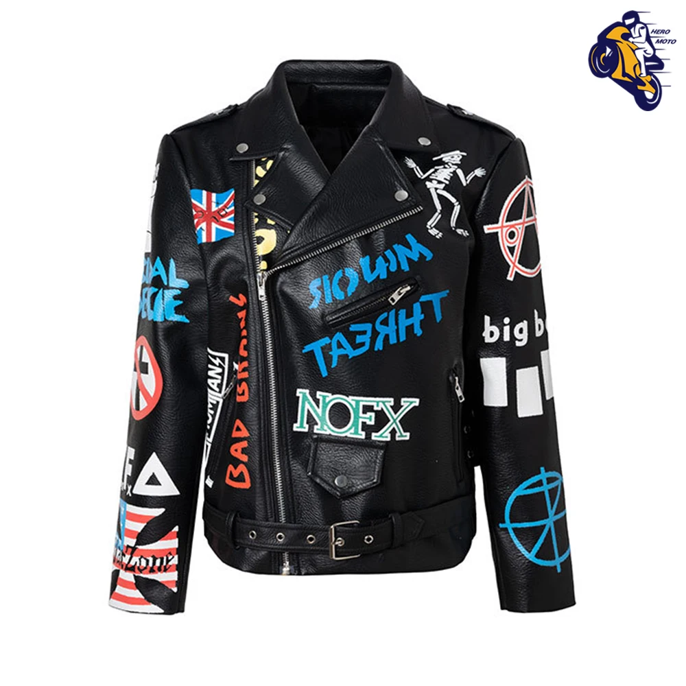 

Motorcycle Jacket Color Bump Men's Motorcycle Leather Jacket PU Material Men's Punk Leather Jacket Graffiti Biker Clothes S-XXXL