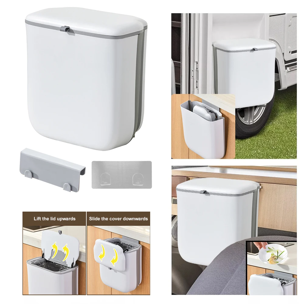 Caravan Collapsible Trash Can  Motorhome Large Capacity Hangable Trash Bin With Sliding Lid Camping Boats Caravan RV Accessory
