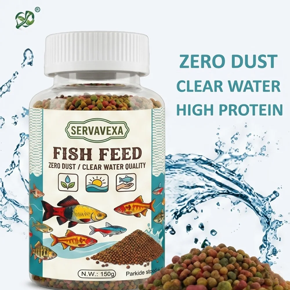 SERVAVEXA Alimento en gránulos para peces tropicales 60g/150g, pellets flotantes nutritivos para peces dorados, guppys y bettas, sin proteínas que niegen la agua.