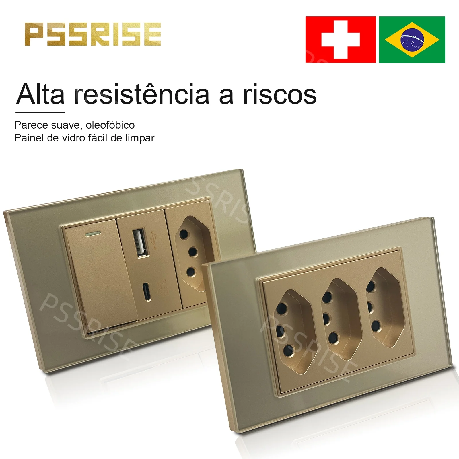 

PSSRISE Gold Tempered Glass Standard sockets and switches Brazil Dual Usb Type C Wall Socket Light Switch 10A 20A tomada vidro