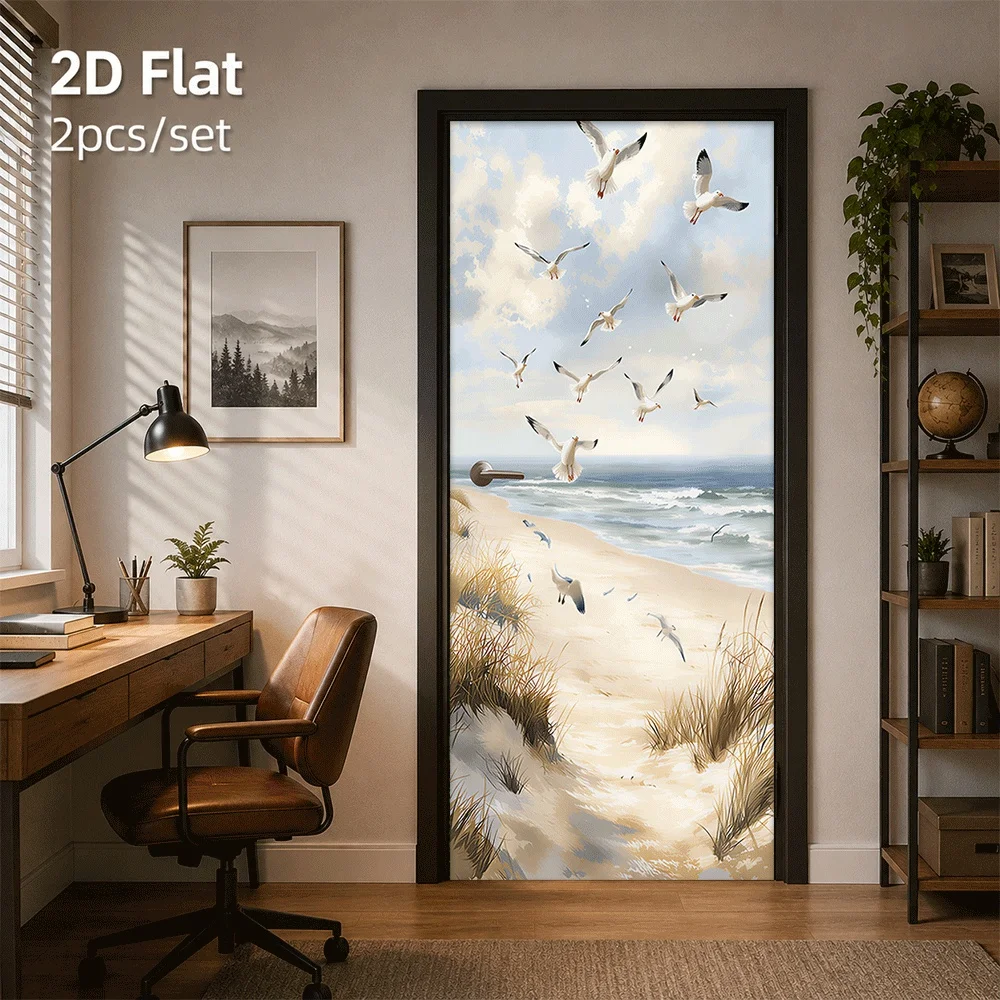 1 piece of beautiful seaside scenery door sticker, seagull soaring on the beach, wave decoration sticker, 2D flat