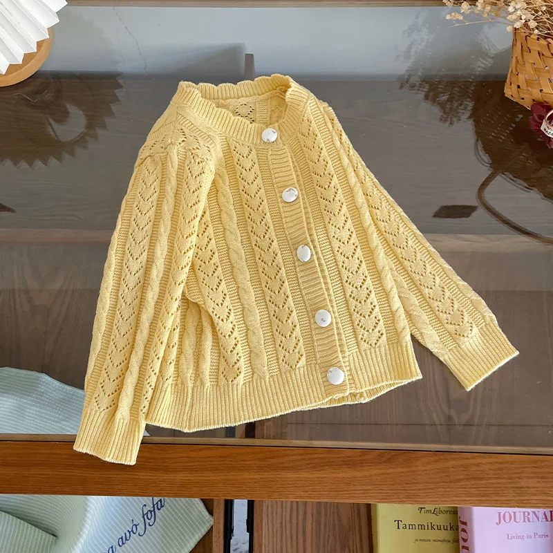Yellow Knitted Girls Cardigan Spring Long Sleeve Single Breasted Casual Sweater Hollow Out Toddler Kids Jacket Outerwear
