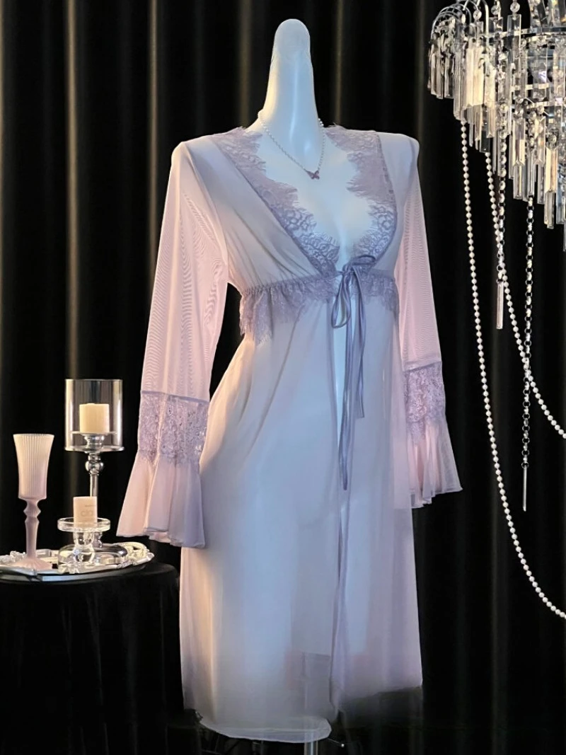 

Соблазнительная прозрачная верхняя одежда с кружевом и бахромой, горячий женский халат, подчеркивающий фигуру, романтическая одежда для сна с искушением, очаровательная спальня