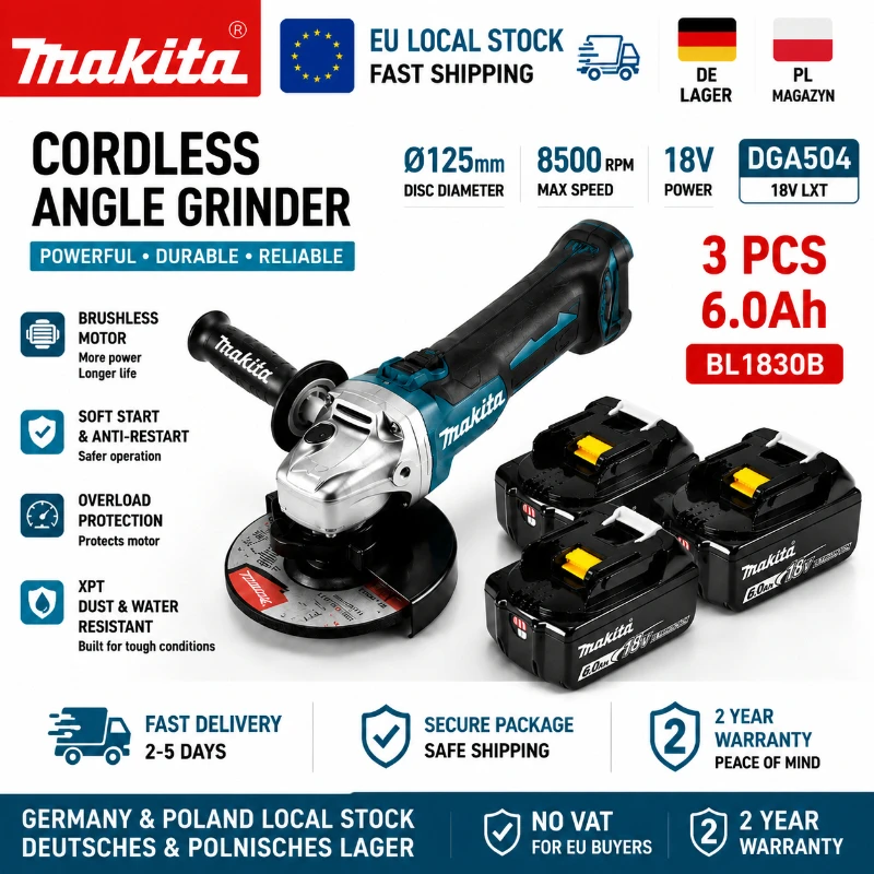 Original Makita DGA504 Bürstenloser Winkelschleifer 18V 125mm Akku-Elektrowerkzeug (ohne Akku) LXT Li-Ion Elektrische Schleifmaschine EU-Lagerbestand Schneller Versand Professioneller