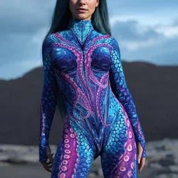 Blue Deep Sea Octopus Print Cyber Jumpsuit Holiday Party Cosplay Costume Halloween Xmas Shows Women Bodysuit Performance Zentai