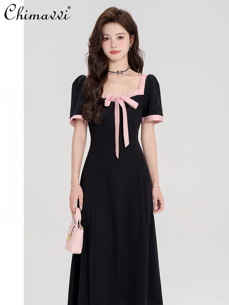 French Hepburn Style Lace-up Bow Square Collar Short Sleeve Dress Women's Summer High Waist Slim Fit A-line Elegant Black Dress