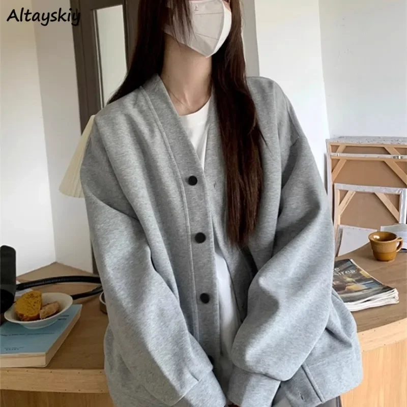 V-neck Jackets Women Autumn Students Casual Simple All-match Single Breasted Baggy Cozy Streetwear Cool Korean Fashion Prevalent